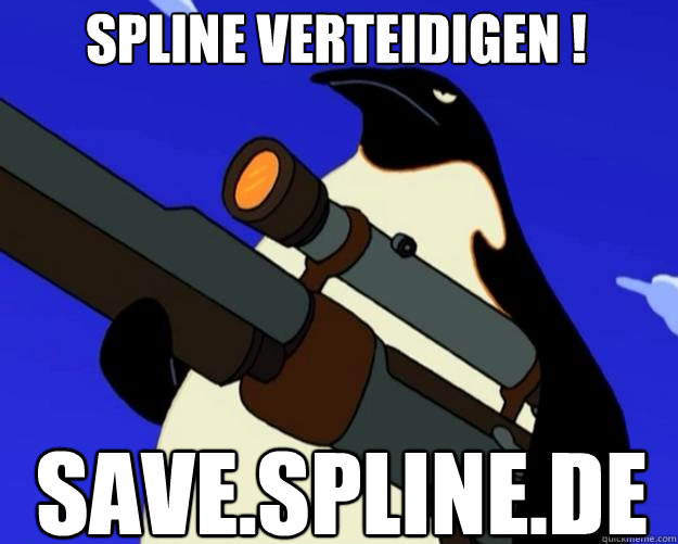 A Pinguin holding a rifle. Caption: Spline verteidigen! save.spline.de